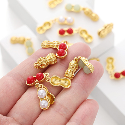 2Pcs Golden Alloy Glass Pendant, Peanut Charms