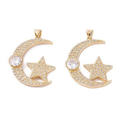 Brass Micro Pave Clear Cubic Zirconia Pendants, Long-Lasting Plated, Moon with Star