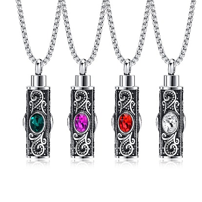 Stainless Steel Cubic Zirconia Pendant Necklaces, Urn Ashes Necklaces for Men, Column