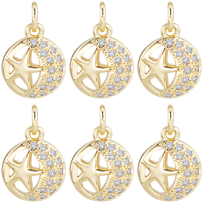 10подвески из латуни с микропаве из кубического циркония, без кадмия и без свинца, с прыжковых колец, плоские круглые подвески с узором в виде звезд и луны