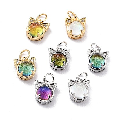 Brass Cubic Zirconia Charms, with Glitter Powder Glass & Jump Ring, Long-Lasting Plated, Lead Free & Cadmium Free, Cat