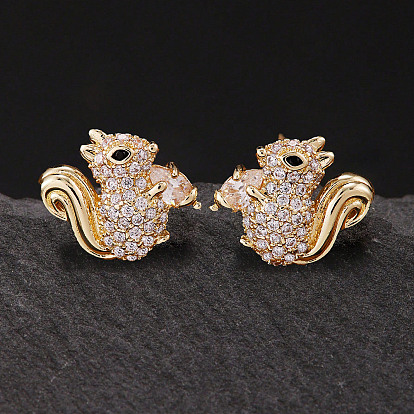 Brass Micro Pave Clear Cubic Zirconia Stud Earrings, Squirrel