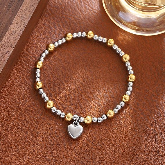 304 Браслеты из нержавеющей стали с эмалированными подвесками, круглые бусины эластичные браслеты для женщин, золотые и нержавеющая сталь цвет