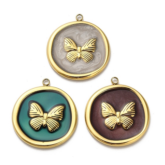 304 подвески из нержавеющей стали, плоские круглые с бабочкой, с эмалью, реальный 18 k позолоченный, ионное покрытие (ip)