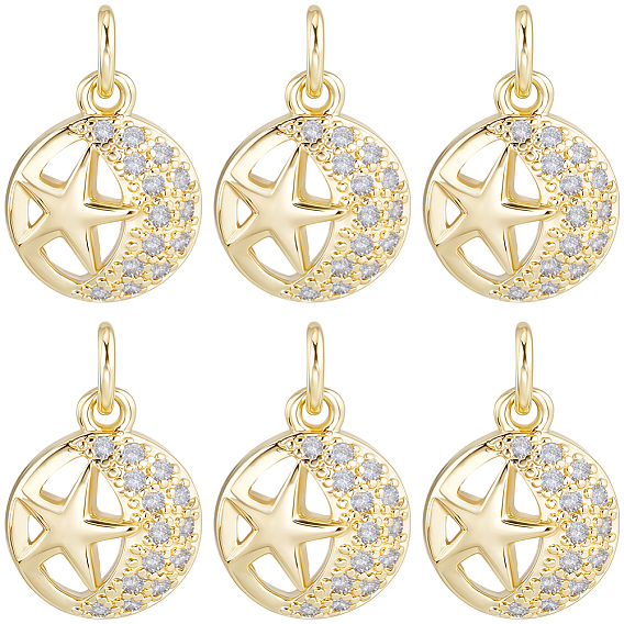 10подвески из латуни с микропаве из кубического циркония, без кадмия и без свинца, с прыжковых колец, плоские круглые подвески с узором в виде звезд и луны