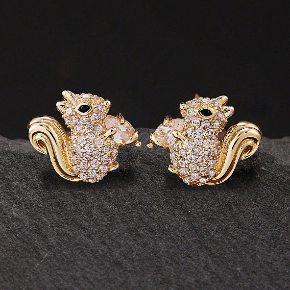Brass Micro Pave Clear Cubic Zirconia Stud Earrings, Squirrel