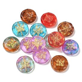 Baking Paint Transparent Glass Beads, Golden Metal Enlaced, Flat Round with Bee