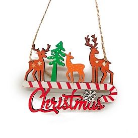 Reindeer Hanging Wooden Ornaments, with Rope, Wooden Decor for Christmas Party, Word Christmas
