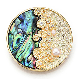 Natural Paua Shell Flat Round Brooches with Pearl, Brass Pave Cubic Zirconia Pins