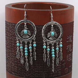 Boho Bird Tassel Earrings with Turquoise Stone Circle Pendant