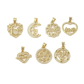 Rack Plating Brass Micro Pave Clear Cubic Zirconia Pendants, Cadmium Free & Lead Free, Long-Lasting Plated, Real 18K Gold Plated
