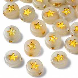 Luminous Acrylic Beads, Glow in the Dark, Metal Enlaced, Horizontal Hole, Flat Round with Star