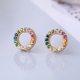 Circle S925 Sterling Silver Stud Earrings, with Colorful Cubic Zirconia
