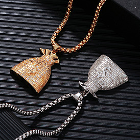 Shiny Hip-hop Style Brass Crystal Rhinestone Dollar Money Bag Pendant Box Chain Necklaces