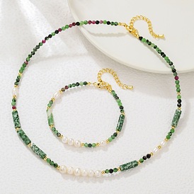 Faceted Round Natural Ruby in Zoisite & Column Green Spot Jasper & Freshwater Pearl Beaded Necklaces & Bracelets Sets for Women