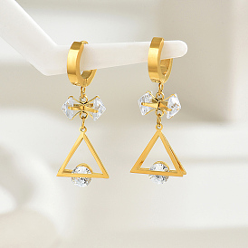 Fashionable Geometric Stainless Steel Triangle Hoop Earrings, with Clear Cubic Zirconia, Versatile and Elegant Accessories