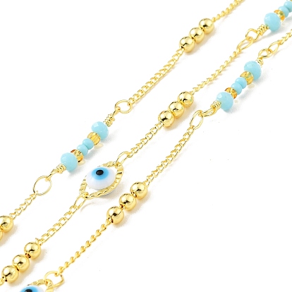 Handmade Brass Horse Eye & Curb Chain, with Glass Evil Eye, Long-Lasting Plated, Soldered, with Spool, Golden