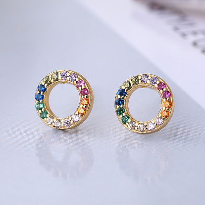 Circle S925 Sterling Silver Stud Earrings, with Colorful Cubic Zirconia