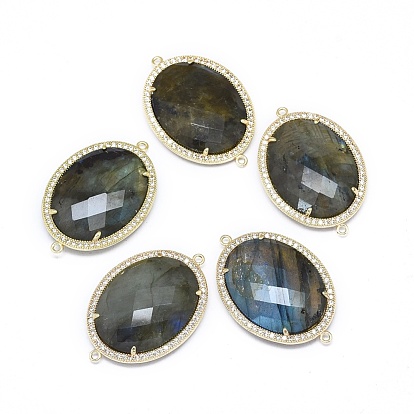 Natural Labradorite Links Connectors, with Brass Findings and Cubic Zirconia, Faceted, Oval, Golden
