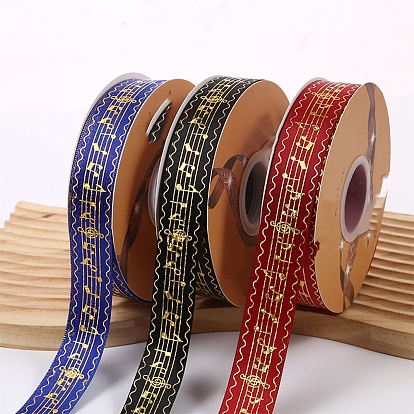 48 Yards Printed Polyester Ribbons, Flat Ribbon with Hot Stamping Musical Note Pattern, Garment Accessories