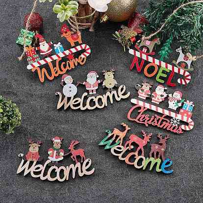 8Pcs 8 Style Christmas Decorative Wooden Door Sign, Wood Big Pendants for Door, Hanging Ornament, Mixed Shape