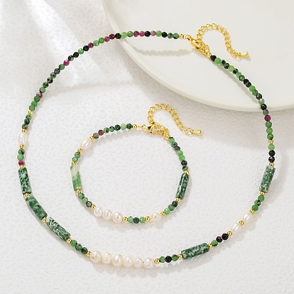 Faceted Round Natural Ruby in Zoisite & Column Green Spot Jasper & Freshwater Pearl Beaded Necklaces & Bracelets Sets for Women
