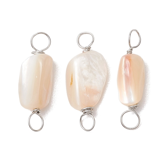 Natural Seashell Nuggets Links Connector Charms, with Copper Wire Double Loops