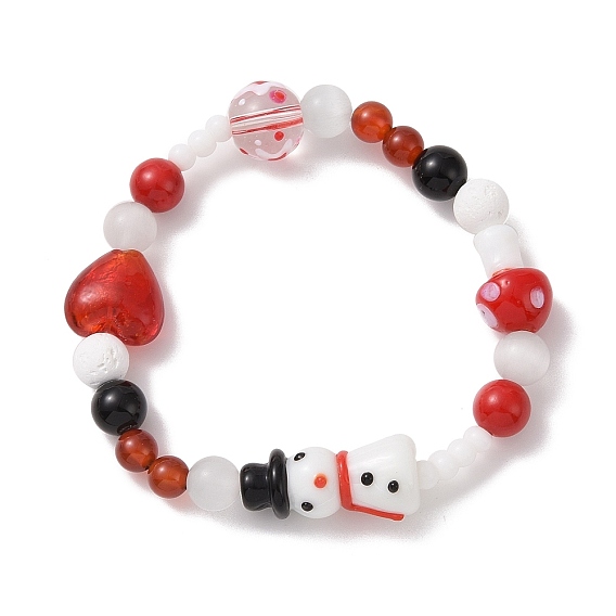 Эластичный браслет из смеси натуральных драгоценных камней и лэмпворк, Рождественский браслет снеговика, сердца и грибов для женщин