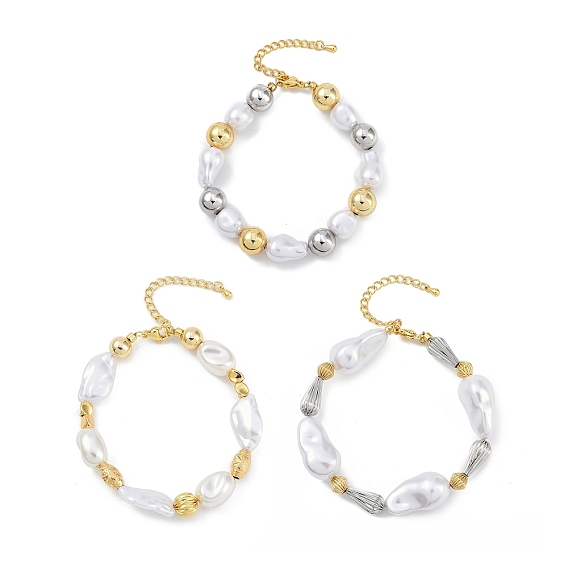 Браслеты из латунных бусин с покрытием стойки, с abs имитационными жемчужными бусинами , без кадмия и без свинца, долговечный, реальный 18 k позолоченный