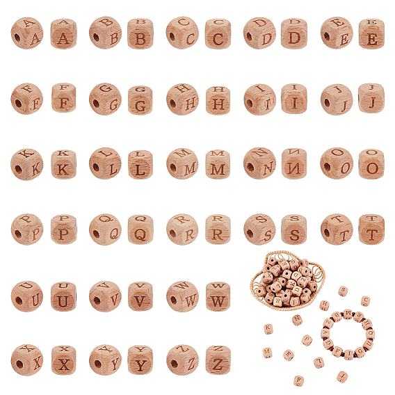 26шт алфавит деревянные европейские бусины, большое отверстие шарик, горизонтальное отверстие, куб с лазерной гравировкой буквы a~z