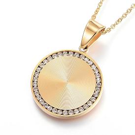 304 Stainless Steel Pendant Necklaces, with Rhinestones, Flat Round