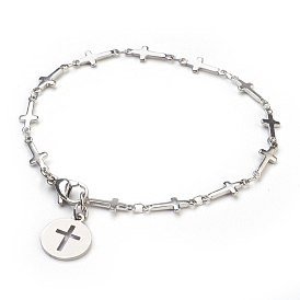 304 Stainless Steel Charm Bracelets, Flat Round with Cross