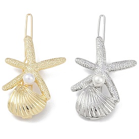 Shell & Starfish Alloy Hair Barrettes, Frog Buckle Hairpin for Women Girls, with Plastic Imitation Pearl