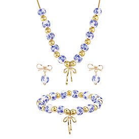Conjuntos de pendientes colgantes, pulsera y collar con colgante de cuentas de porcelana con estampado floral y lazo de latón., azul y blanco