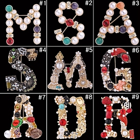 Rhinestone Initial Letter with Imitation Pearl Beaded Brooch Pin, Golden Zinc Alloy Badge for Backpack Clothes