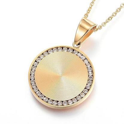 304 Stainless Steel Pendant Necklaces, with Rhinestones, Flat Round