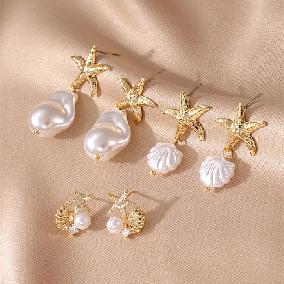 Серьги-гвоздики с подвесками из латуни и пластикового жемчуга в форме морской звезды, с фурнитурой для сережек из сплава