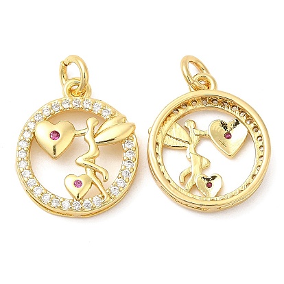 Brass Micro Pave Cubic Zirconia Pendants, Cadmium Free & Lead Free, Flat Round
