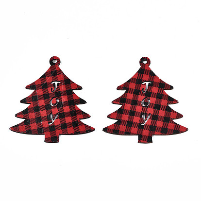Christmas Theme Single-Sided Printed Wood Big Pendants, Christmas Tree with Tartan Pattern