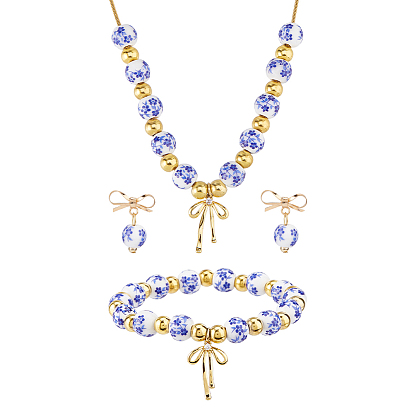 Conjuntos de pendientes colgantes, pulsera y collar con colgante de cuentas de porcelana con estampado floral y lazo de latón., azul y blanco