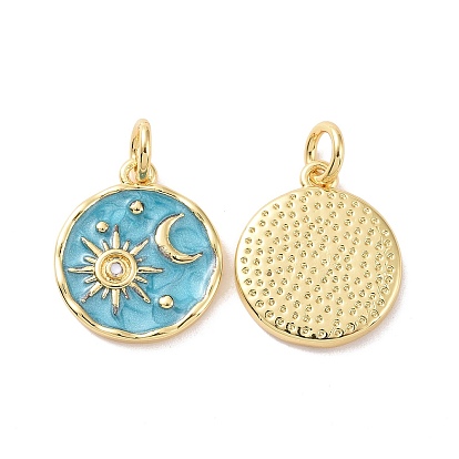 Rack Plating Brass Pendants, with Enamel and Jump Ring, Cadmium Free & Lead Free, Long-Lasting Plated, Flat Round with Sun & Moon Pattern