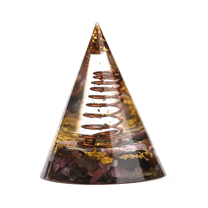 Orgonite Cone, Resin Pointed Home Display Decorations, with Natural Gemstone and Metal Findings