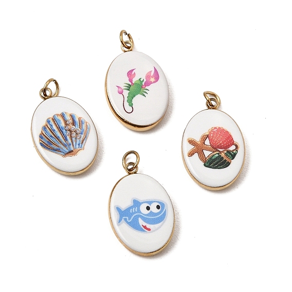 Printed 304 Stainless Steel Pendants, Oval Charms, Ion Plating(IP), Long-Lasting Plated, Golden
