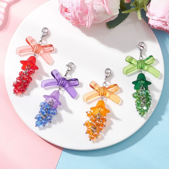 4 шт. стеклянные и акриловые подвесные украшения, с карабин-лобстерами , бантом и цветок