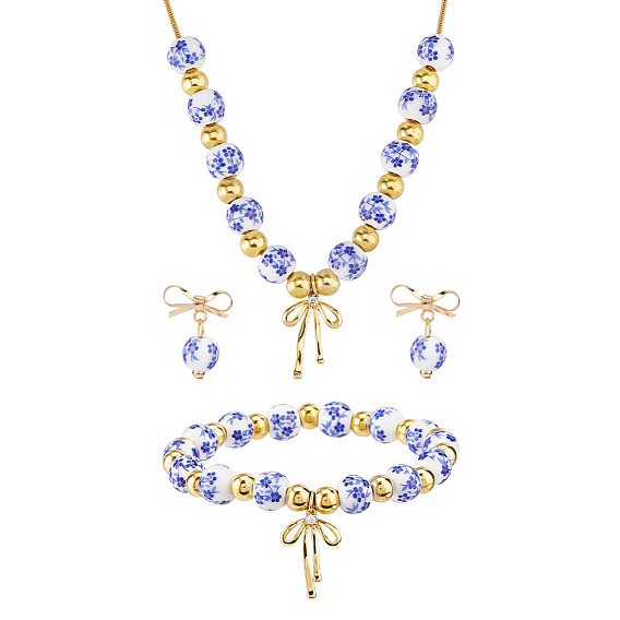 Ensembles de boucles d'oreilles pendantes, de bracelets et de colliers à pendentifs en porcelaine imprimée de fleurs, ornés de nœuds en laiton., bleu et blanc
