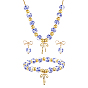 Ensembles de boucles d'oreilles pendantes, de bracelets et de colliers à pendentifs en porcelaine imprimée de fleurs, ornés de nœuds en laiton., bleu et blanc