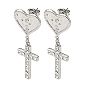 Heart with Cross 304 Stainless Steel Dangle Stud Earrings, with Crystal Rhinestone