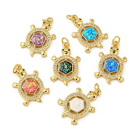 Brass Pendants Micro Pave Cubic Zirconia with Synthetic Opal, with Jump Rings, Real 18K Gold Plated, Turtle
