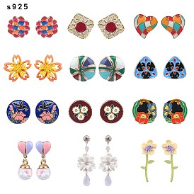 925 Sterling Silver Floral Enamel Stud Earrings for Women with High-end Charm