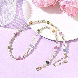 Collares de cuentas para mujer con forma de cubo facetado, turmalina natural multicolor y cuentas de vidrio., con concha de perla